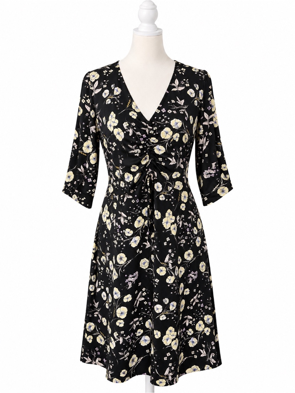 Lauren Conrad LC Dress Size L Black Floral Ruched Tie Waist 3/4 Sleeve